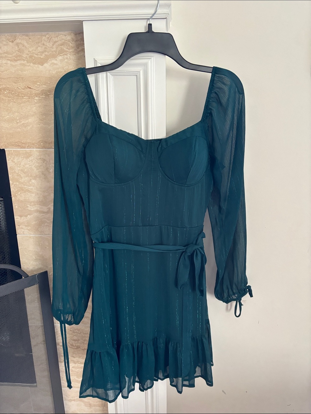 Lily Rose Deep Green Sheer Long-Sleeve Ruffle-Hem Mini Dress with Tie Waist